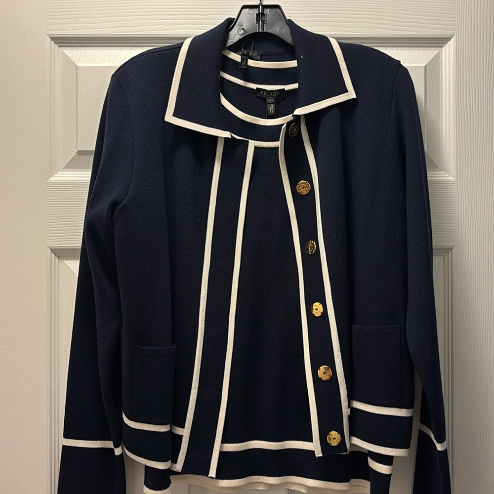 Escada Blue and Black Cuffed Sleeve T-Shirt with Contrasting Stripes